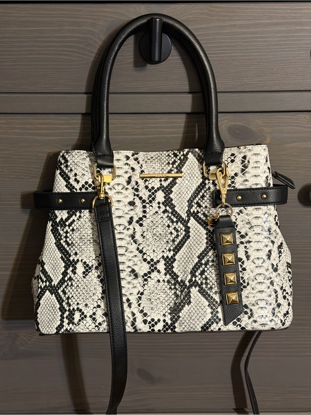 Aldo Black & White Snake-Print Satchel with Gold Stud Accents